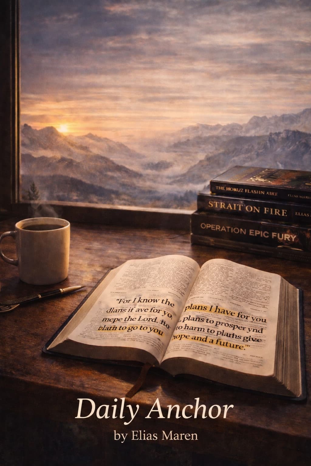 Daily Anchor by Elias Maren — open Bible at sunrise with steaming coffee and Elias Maren books