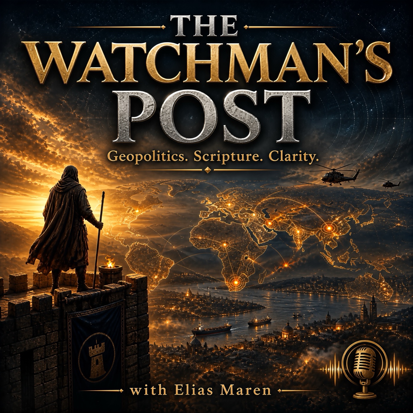 The Watchman's Post — a watchman on the wall above a lit world map. Geopolitics. Scripture. Clarity.